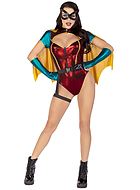 Female superhero, teddy costume, iridescent fabric, short sleeves, front zipper